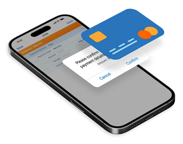 Smartphone displaying a payment confirmation prompt and a credit card graphic.