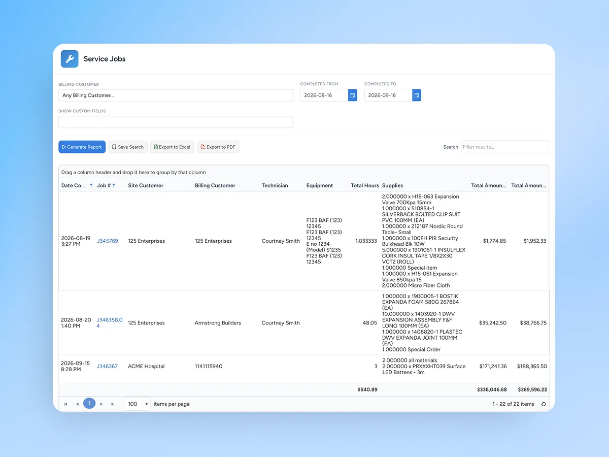 Generate equipment service reports