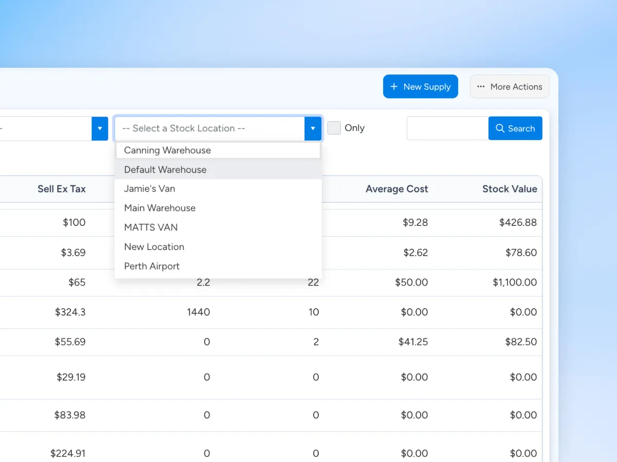 Multi-location stock tracking in Ascora