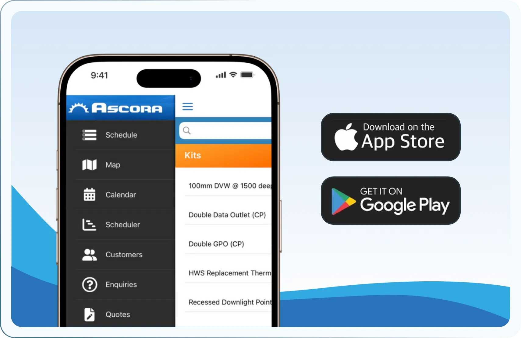 Tablet showing the Ascora mobile app