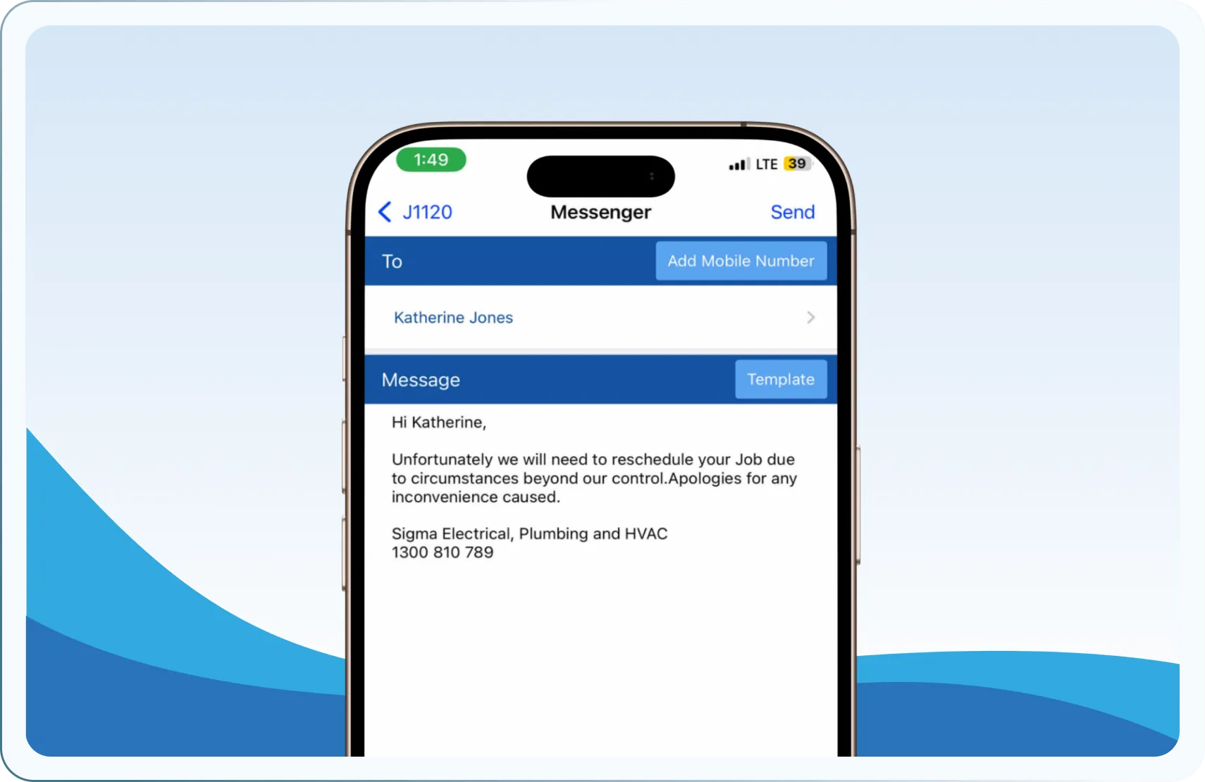 Tablet showing two-way SMS in Ascora