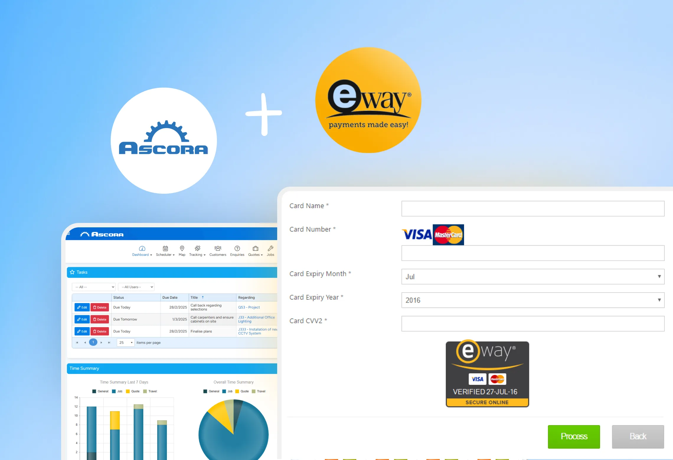 Tradesperson accepting a card payment on a phone, syncing data between Ascora and eWay.