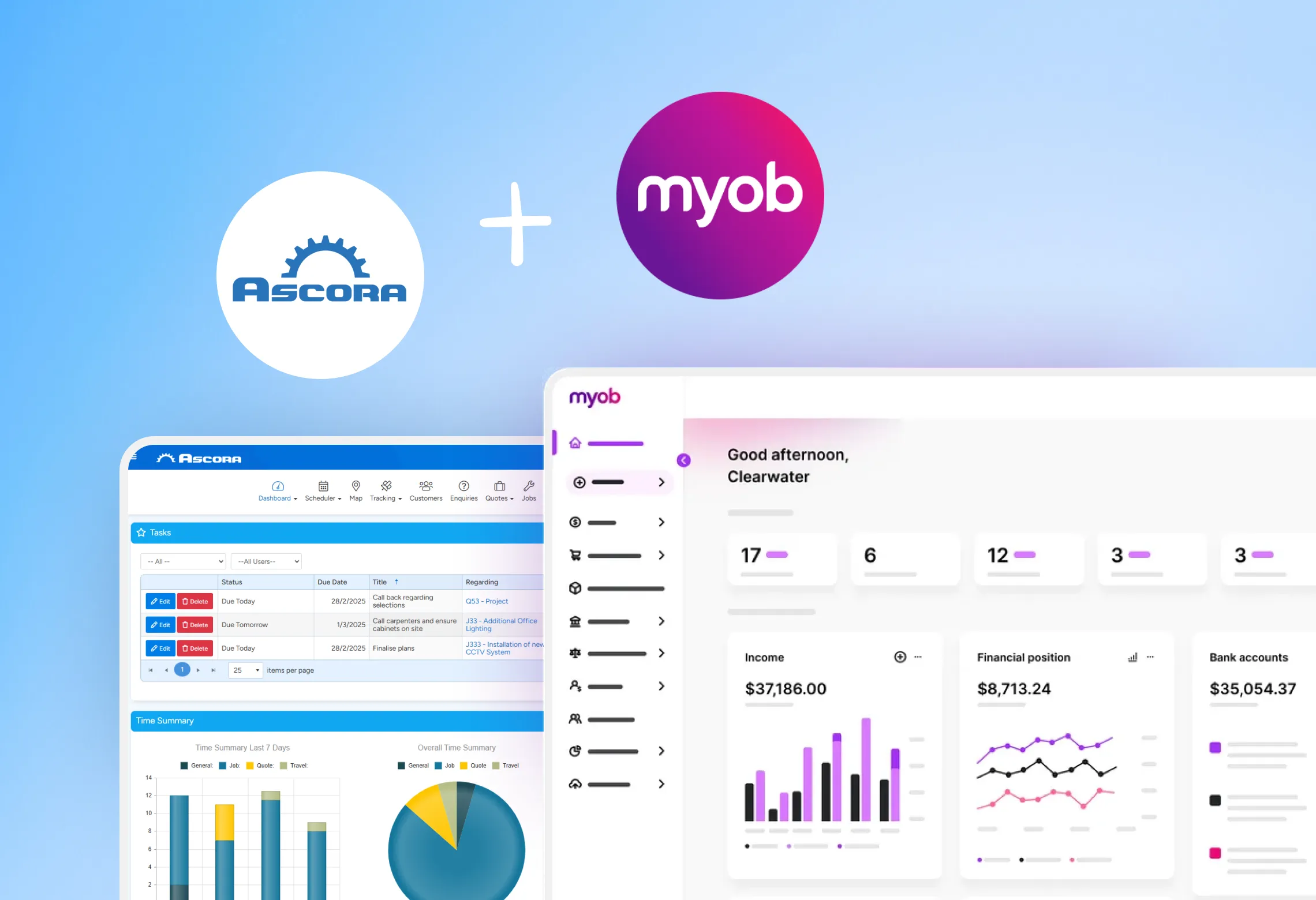 Tradesperson reviewing invoices and job costs on a tablet, syncing data between Ascora and MYOB.