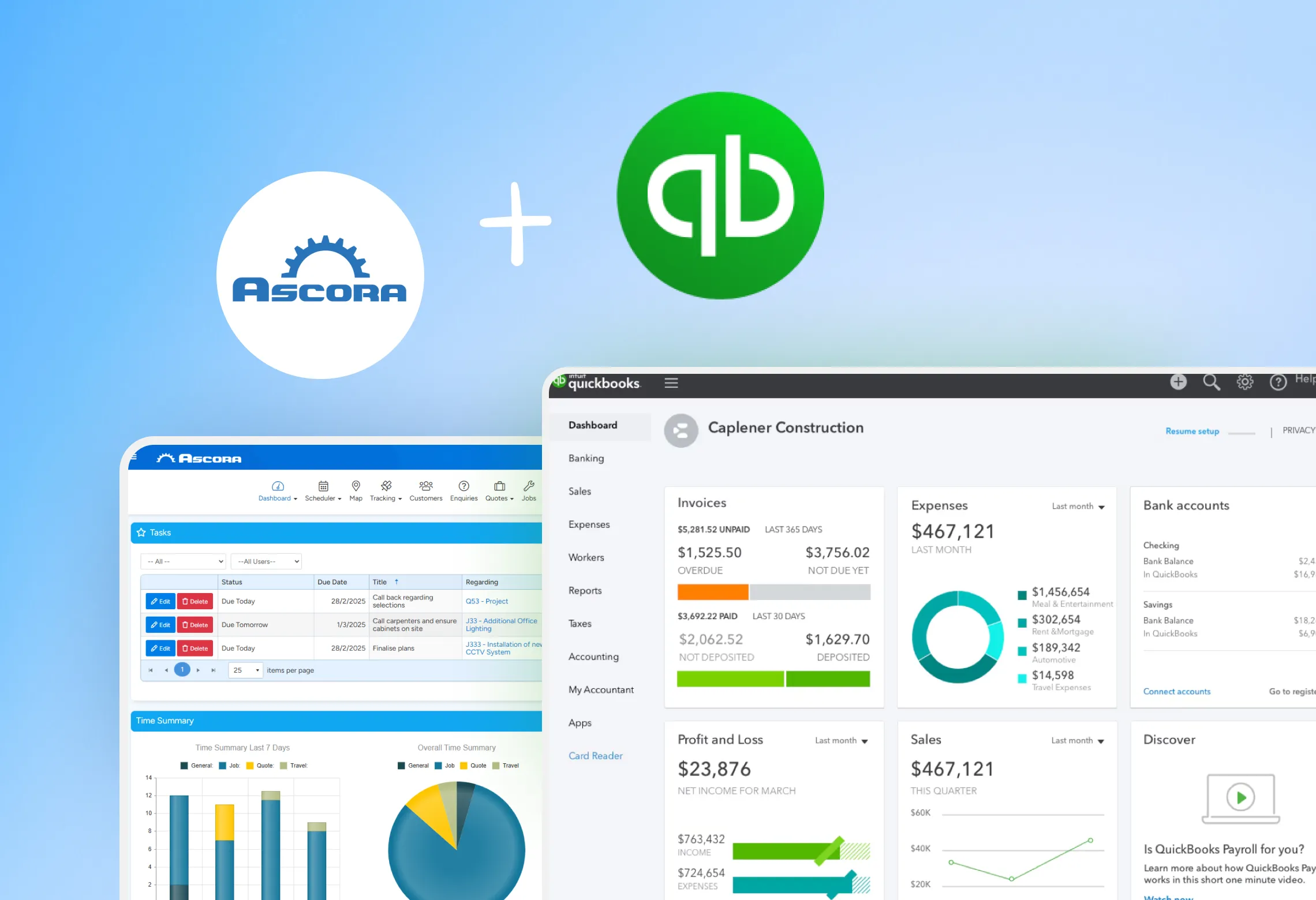 Tradesperson reviewing invoices and job costs on a tablet, syncing data between Ascora and QuickBooks.